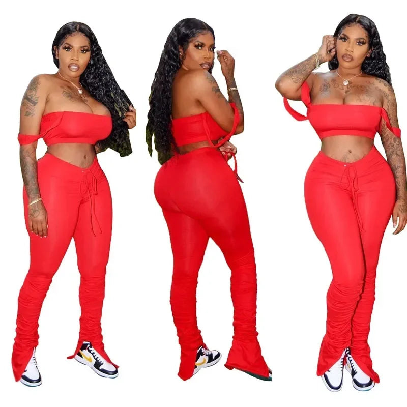 Women Tracksuit Suit 2 Piece Set Skinny Elastic Strapless Tops and Fold Slit Thin Pants Casual Female Sweatshirt Sportswear Suit