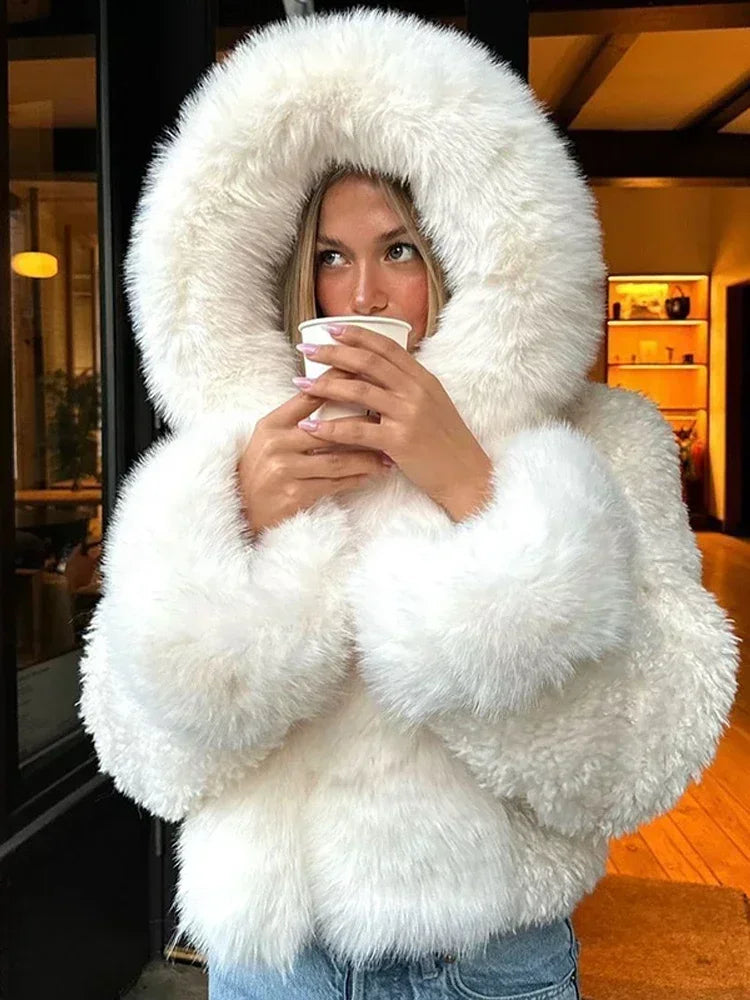 Black/White Color Winter Warm Fur Short Overcoat Women Solid Patchwork Full Sleeve Hooded Loose Thicken Coat Lady Daily Commute Winter Outwear