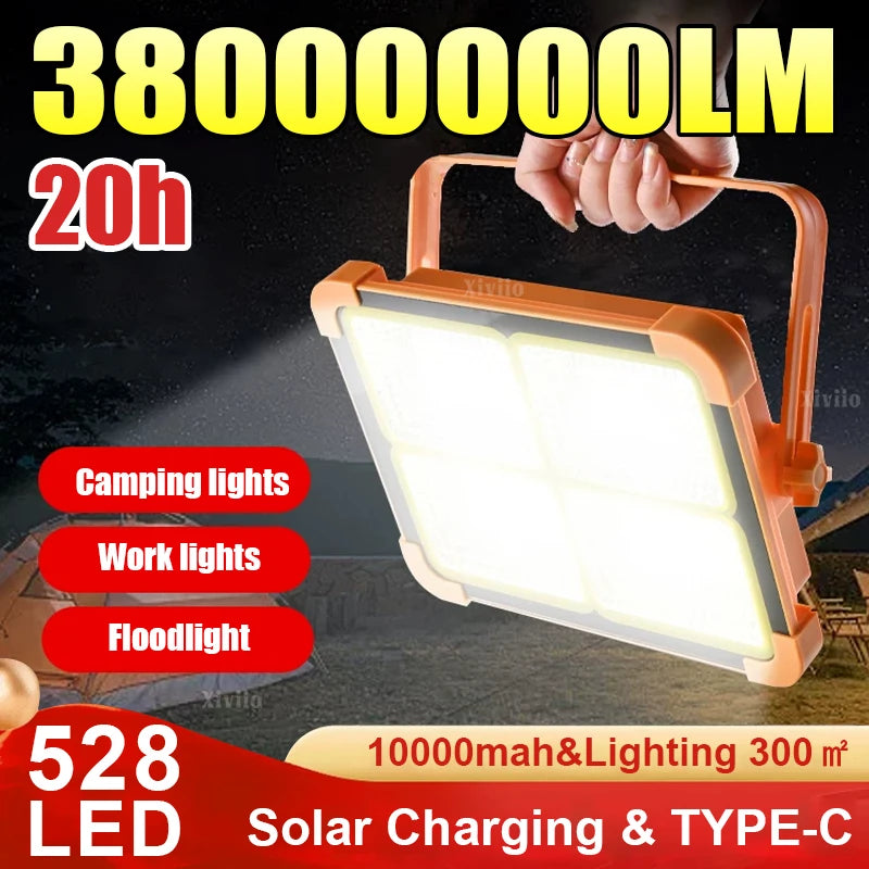 Solar Work Light Outdoor LED Solar Light 38000000LM Powerful External Solar Lamp Spotlights Emergency Camping Lawn Night Beach Party Light Hanging Lamp