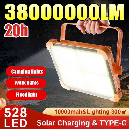 Solar Work Light Outdoor LED Solar Light 38000000LM Powerful External Solar Lamp Spotlights Emergency Camping Lawn Night Beach Party Light Hanging Lamp
