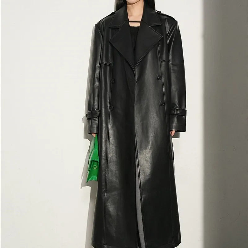 NEW Arrivals Ruffled and Handsome Leather Jacket for Women's Spring and Autumn Casual Retro Shoulder Windbreaker Coat Evening Party Office Lady Long Coats Female Luxury Fashion Clothing Supplies