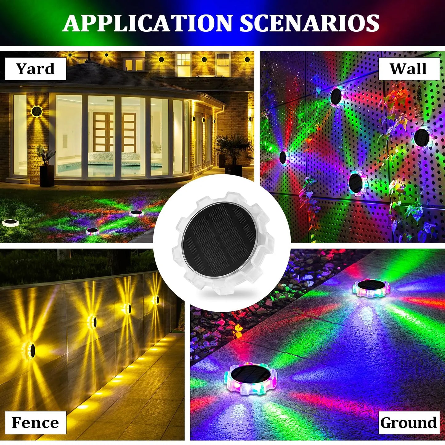 NEW Arrivals 2PCS Set Solar Ground/Wall Lights Outdoor RGB Waterproof 4 Modes Waterproof LED Ground Lights Color Changing for Yard Wall Deck Garden Pathway