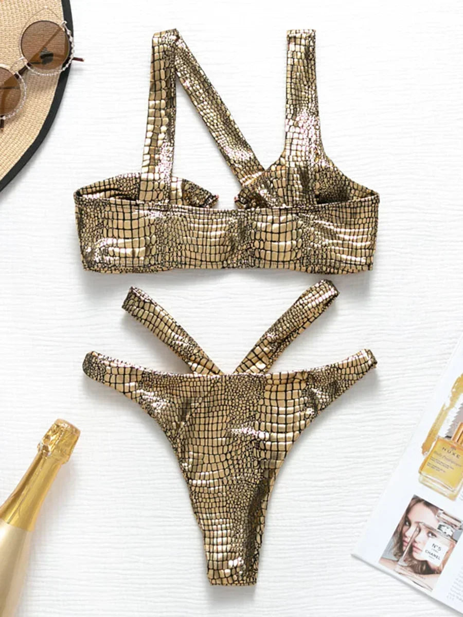 NEW Arrivals Silver/Pink/Gold Asymmetric Shiny Snake Skin Thong Bikini Female Swimsuit Women Swimwear Two Pieces Bikini set High Cut Bather Bathing Suit Swim Girls Ladies Beach Wear