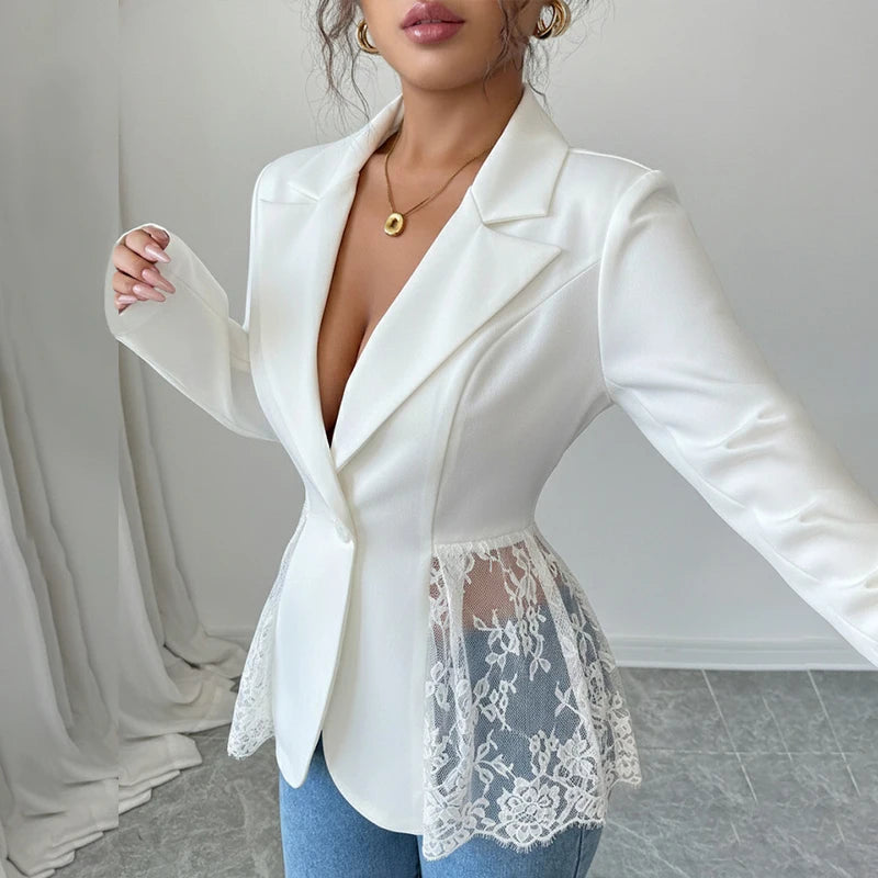 Just Arrived XS(6)- 2XL(18) UK Size 4 Colors Elegant Lace Patchwork Blazer Jacket Women Fashion Notched Collar Long Sleeve One-Button Perspective Sexy Versatile Suit Coat