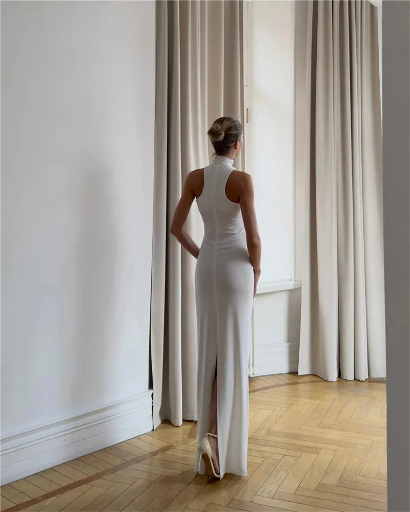 NEW Arrivals UK Size Black/White Color Turtleneck Off-shoulder Sexy Knit Maxi Dress For Women Gown Metal Buckle Strapless Sleeveless High Waist Knitted Dress