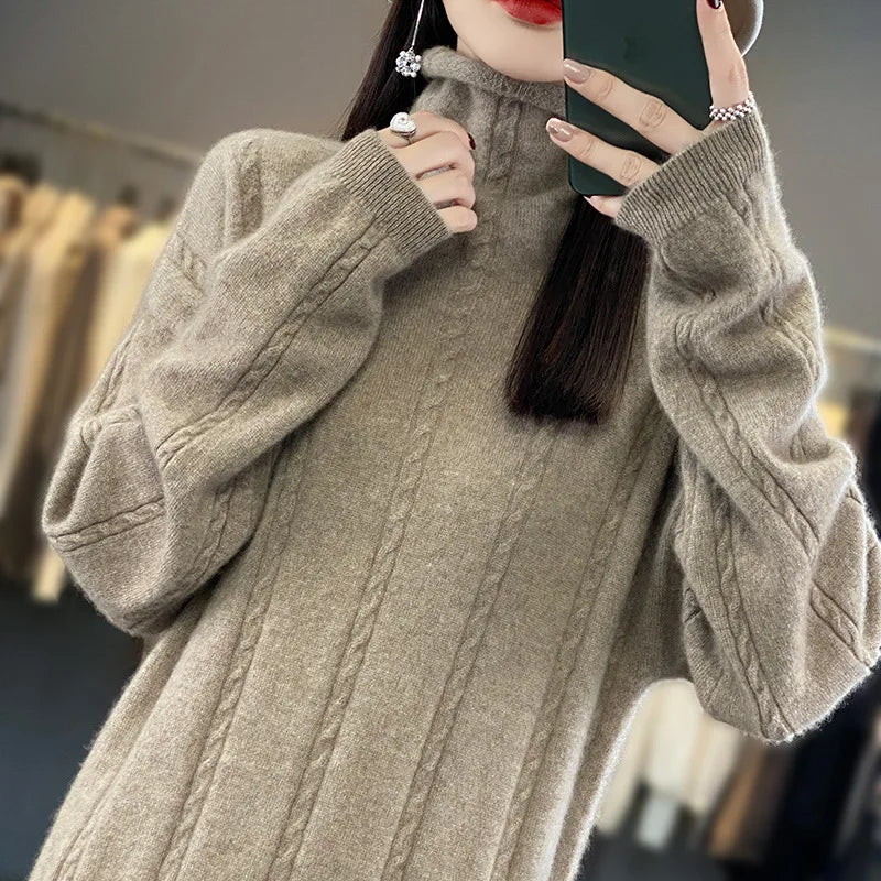 4 Colors 100% Pure Cashmere Dress High Collar Women's Winter Warm New Style Slimming Fashionable Versatile Loose Wool Long Dress