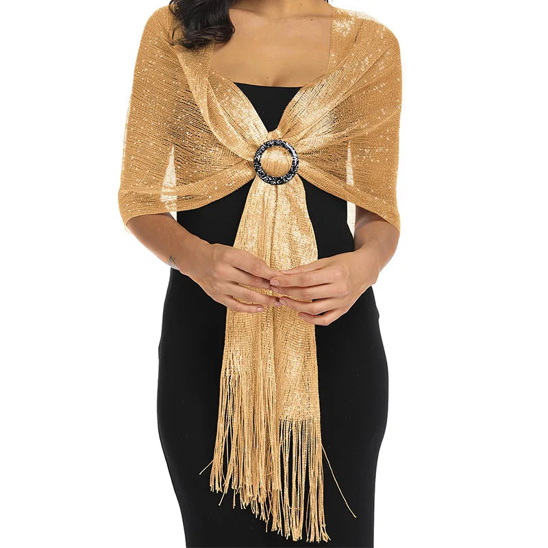 Sparkling Metallic Scarf with Buckle Female Evening Party Shawl Elegant Gold Silver Shiny Shawls for Bridal Wedding Wraps