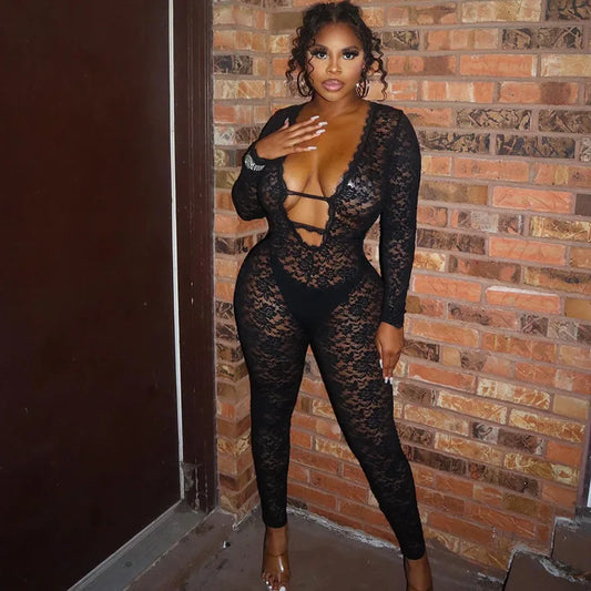 Just Arrived Sexy Black Lace See Through Long Sleeve Bodysuit Jumpsuit Women Clothes Night Clubwear Slim Fit One Piece Bodycon Mesh Playsuit