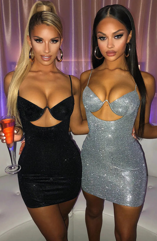 Black/Pink/Gray Color Women Sexy Clothing Nightclub Sparkly Dress Sexy Spaghetti Strap Hollow Out Bodycon Dress Solid Color Summer Evening Beach Party Mini Gowns  New Arrival