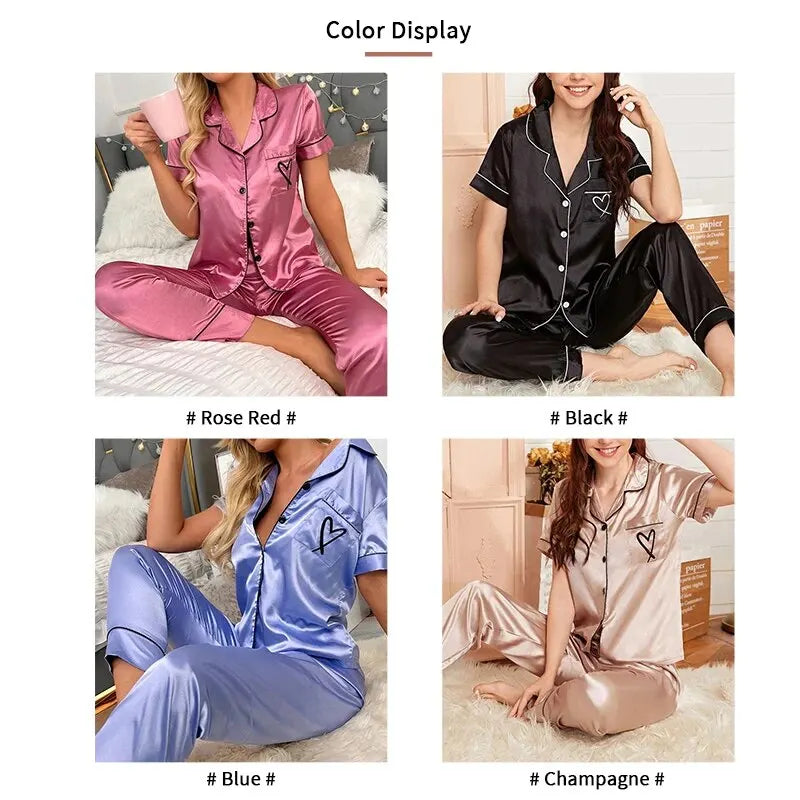 Women's Pajama Pocket Heart Embroidered Pajama Set Satin Comfortable Short Sleeve Button Pajamas Lounge Pant For Women Sleepwear