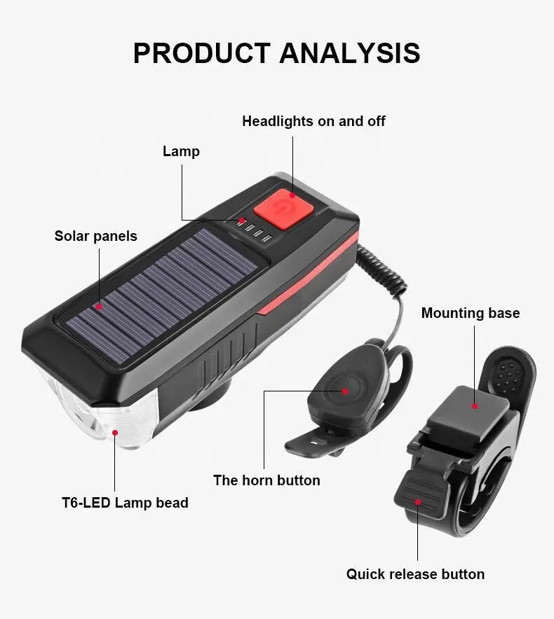 Solar Bicycle Light USB Rechargeable Power Display MTB Mountain Road Bike Front Lamp with Horn Flashlight Bicycle Light