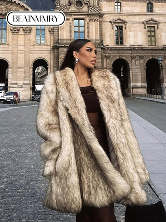 Low-Price Sales are Limited Luxurious Female Women Fashion Lapel Faux Fur Midi Coat Winter Warm Snow Street Long Sleeve Oversize Cardigan Thick Jacket Outerwear Girls Ladies Luxury Fashion Clothing Supplies