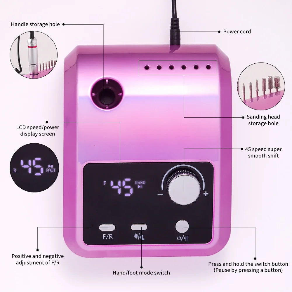 NEW Arrivals High Quality Electric Nail Drill Machine 45000 RPM Electric File HD Display Metal Manicure Pen Professional Nail Lathe Sander Manicure Pedicure Devices Nail Care Tools Set Cosmetics Supplies