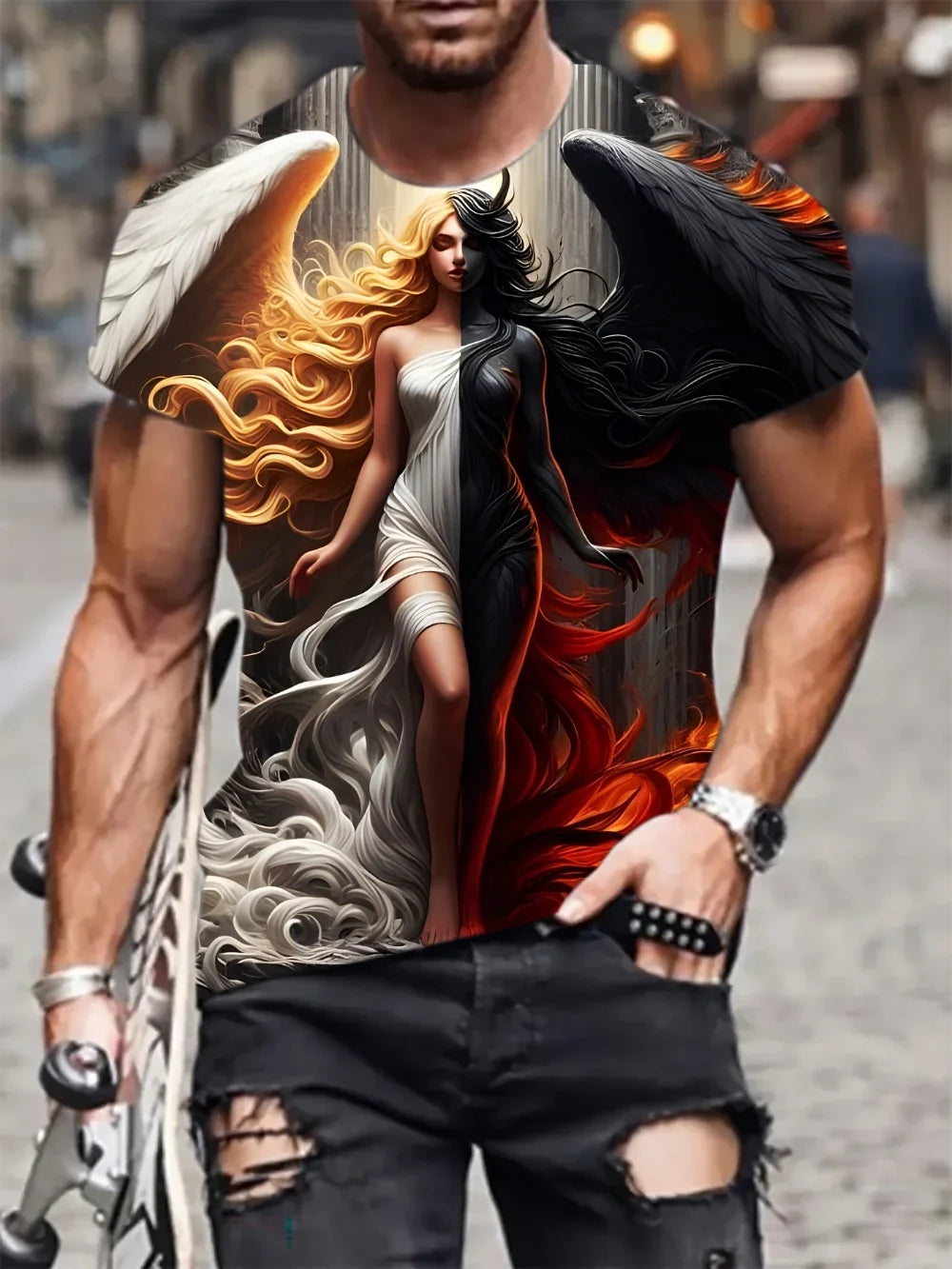 3D Angel And Devil S-6XL Plus Size T Shirt For Men Hip Hop Trend Harajuku Streetwear Casual O-Neck Short Sleeve Tops Fashion Y2K Clothes