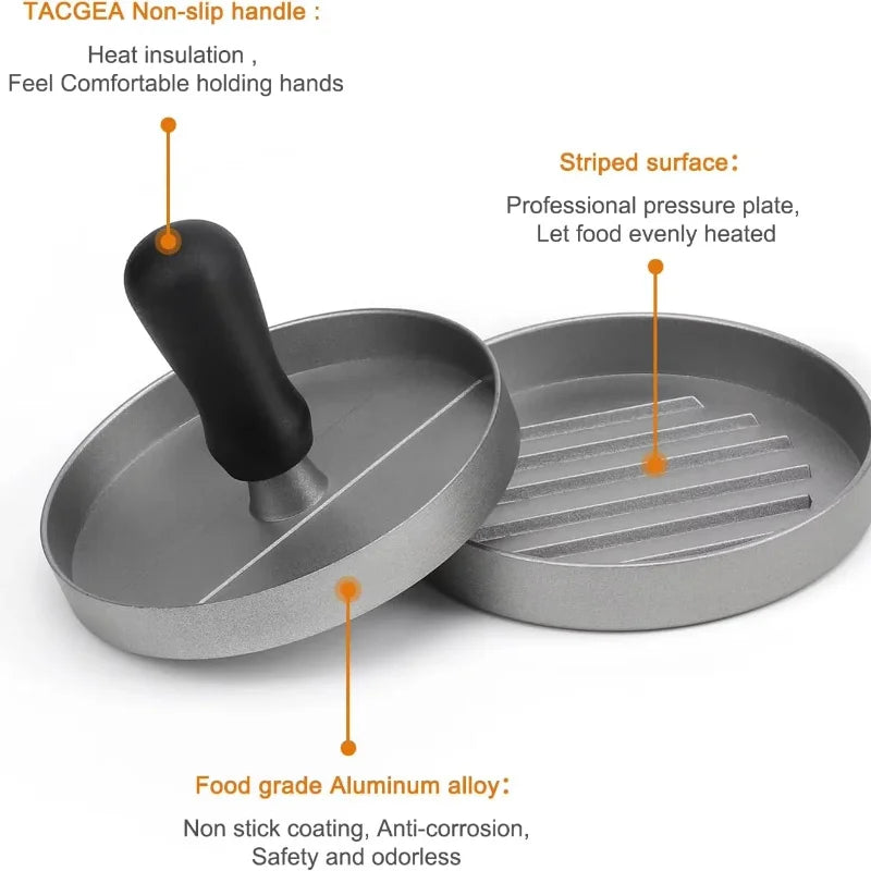 NEW Arrivals Stainless Steel Hamburger Patty Press Machine with Wooden Handle Non-Stick Patty Mold for Perfect Burgers Includes 100 Pcs Meat Pat Cooking Tools