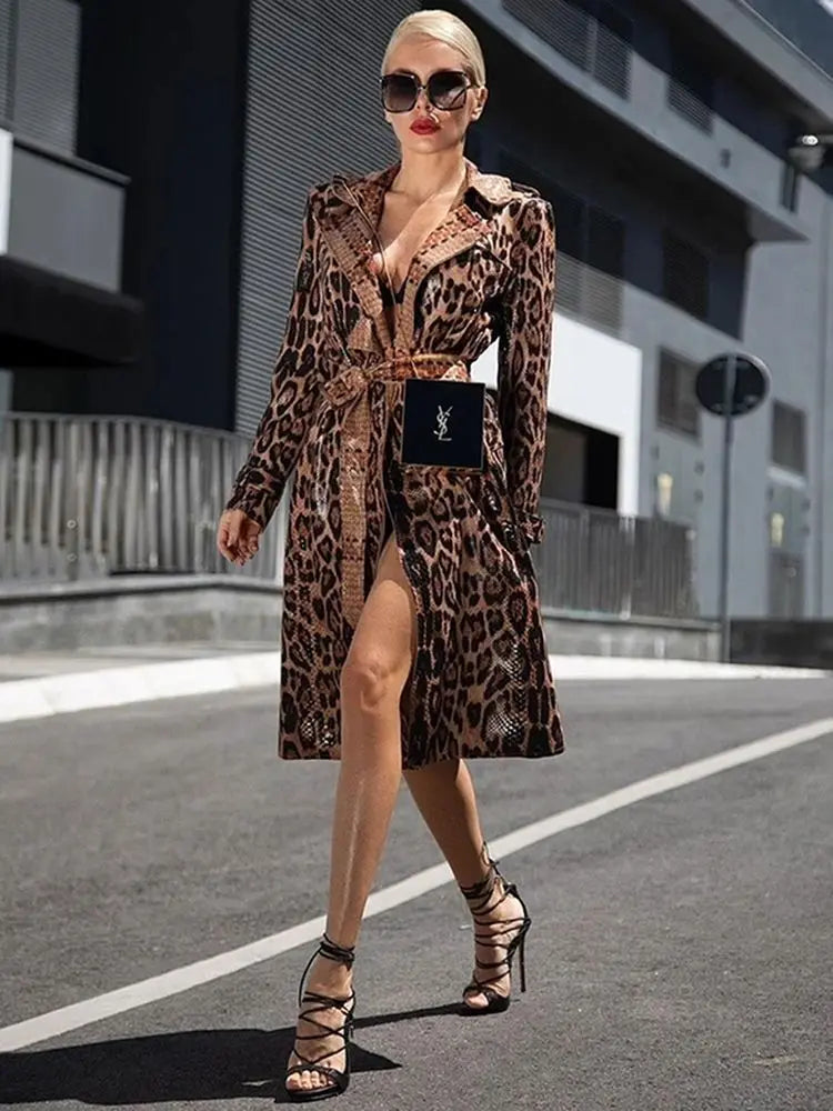 NEW Arrivals Luxury High Quality Winter New Snake Coat Women Sexy Belt Slim Patent Leather Washed Coats Female Evening Red Carpet Evening Nightclub Party Girls Ladies Luxury Fashion Clothing Supplies