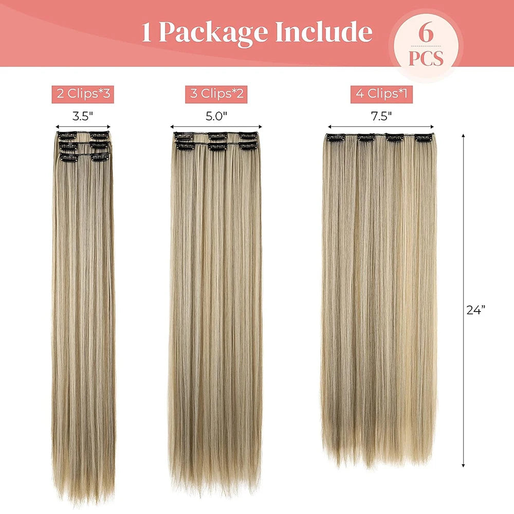 Black Hair Extensions 24"/60cm 140g 6pcs/set Women Long Straight Synthetic  Full Head Clip 16 Clips  Ombre  Heat Resistant Fiber