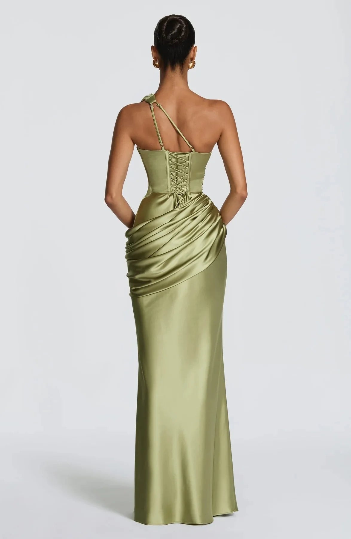NEW Arrivals 4 Colors Spring/Summer Women Sexy Luxury Green Ruched Elegant Satin Maxi Dress Mermaid One-Shoulder Cutout Slim Fit Flows Lady Evening Party Wedding Guest Business Dinner Outfits