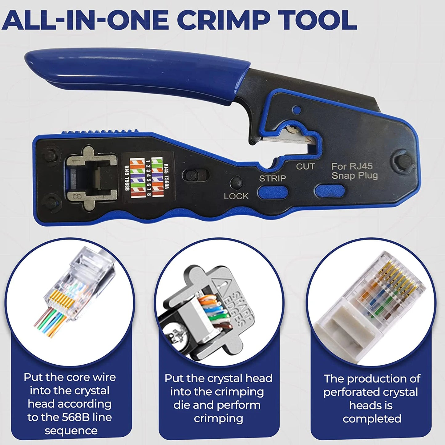 RJ45 Crimp Tool Pass Through Crimper Cutter for Cat6a Cat6 Cat5 8P8C Modular Connector Ethernet All-in-one Wire Tool