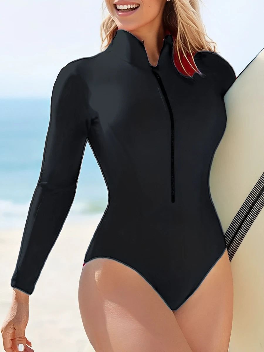 S-2XL 4 Colors Slim Rush Guard Long Sleeve Surfing Swimsuit Women With Zipper Solid Swimwear Female Bathers Bathing Swimming Swim Suit