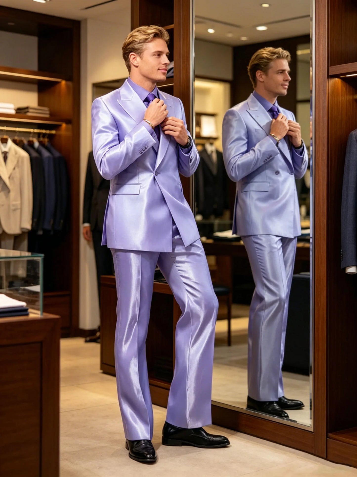 8 Colors 2 PCS Set S-7XL Extra Plus Size Luxury Men‘s Satin Suit Peak Lapel Slim Fit Tuxedo Jacket Straight Leg Pants Formal Outfit Wedding Prom Party Groom.