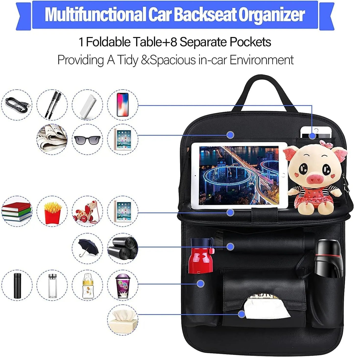NEW!!!! Car Seat Back Organizer with Foldable Table Tray PU Leather Storage Organizer with Pockets Kick Mats Seat Interior Accessories