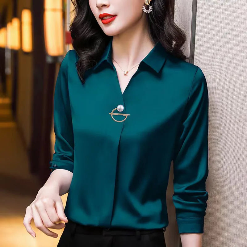 NEW Arrivals S-2XL UK Size White/Dark Green Color Elegant Women Chiffon Blouse New Temperament Turndown Collar Office Lady Shirt Streetwear Casual Solid Color Tops Clothing