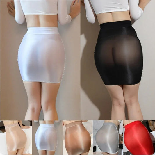 NEW Arrivals Ladies Sexy Sheer Short Skirts See Through Package Hip High Elastic Transparent Silk Mini Night Outfit Skirt Dresses