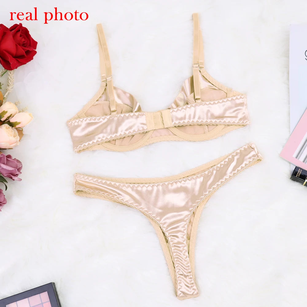 Silk Underwear Sexy Lingerie For Fine Women Seamless Bra Set Desire Hot Girl Bilizna Erotic Costume Intimate Champagne