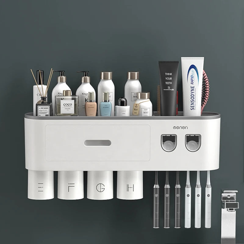 NEW Arrivals  Wall Mounted 5 Cups Toothbrush Holder Magnetic Adsorption Inverted Toothpaste Squeezer Double Automatic Toothpaste Dispenser Bathroom Accessories
