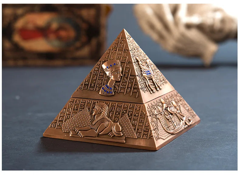 Egyptian Tutankhamun Pharaoh Bronzer Pyramid Metal Ashtray, Creative Candle Holder for Home Club Hotel KTV, European Style Decorative Sculpture