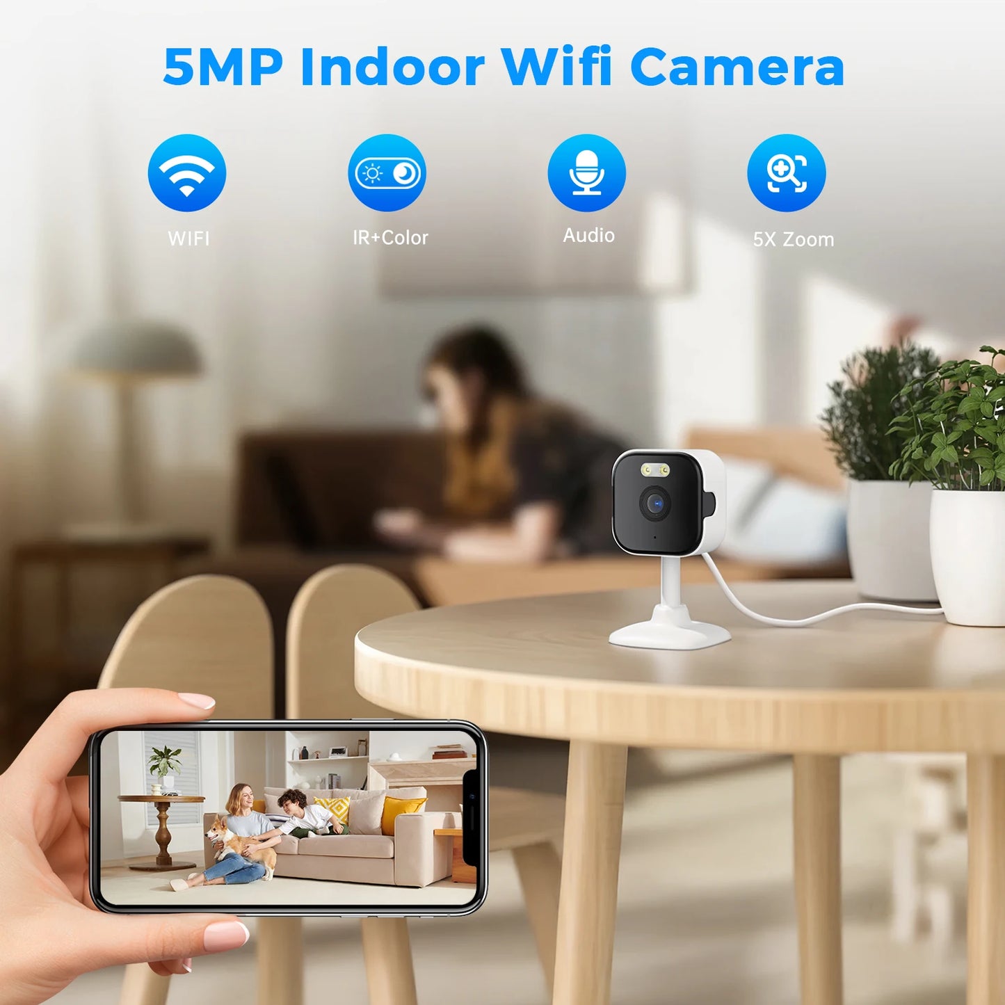 NEW 5MP with 128G Card Mini Wi-Fi IP Camera Indoor Human Detection 5X Zoom Surveillance Baby Monitor CCTV PTZ with O-Cam Pro App Support SD Card Home Security Supplies