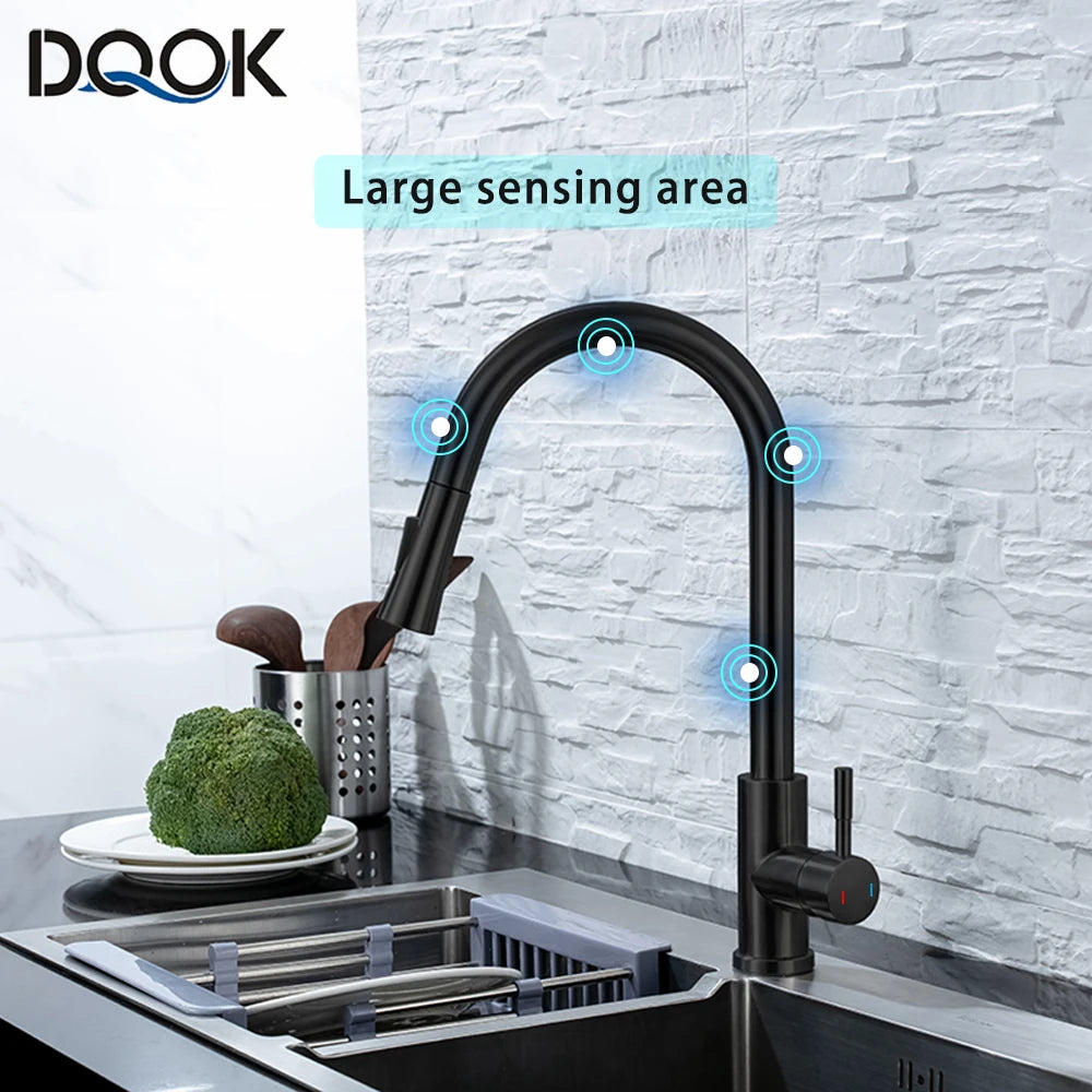 Just Arrived Kitchen Bathroom Motion Sensor Faucet Pull Out  Black/Brushed Nickle Color Large Area Sensor Stainless Steel Black Smart Induction Mixed Tap Touch Control Sink Tap Home Office Hotels