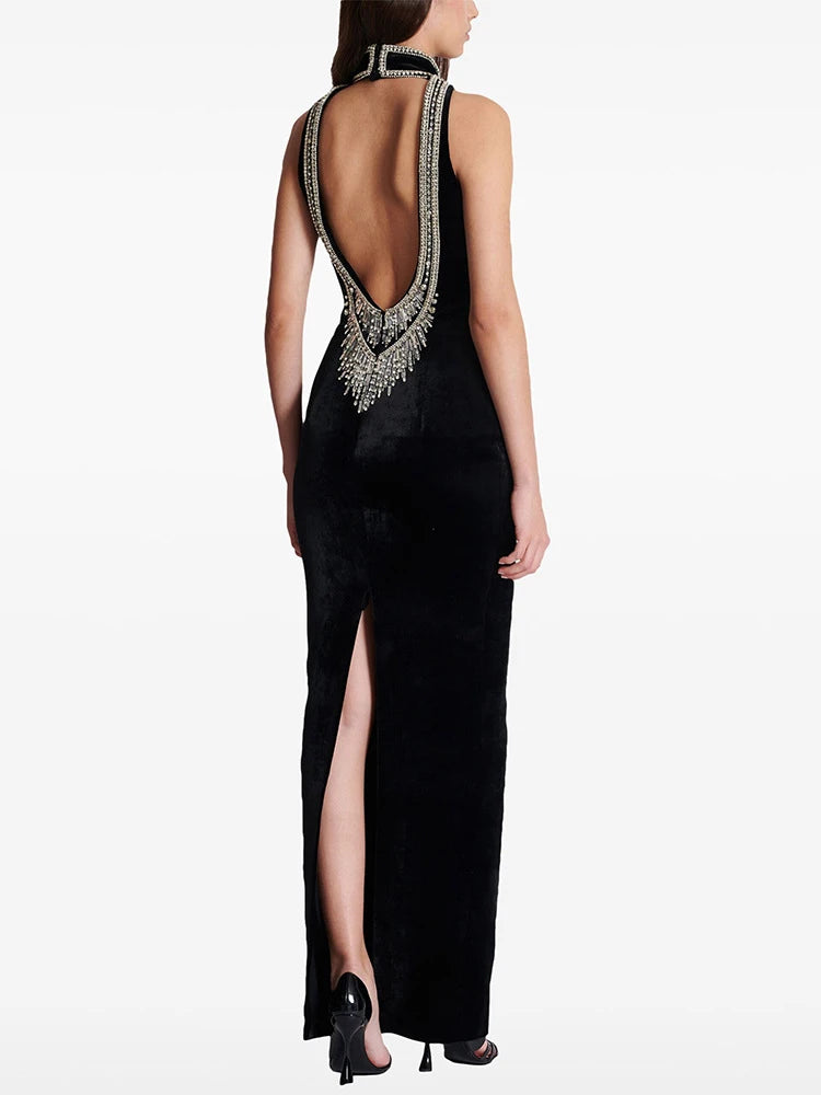 NEW Arrivals UK Size Sexy Halter Neck Backless Diamonds Sequin Long Dress Women Black Velvet Sleeveless Beaded Slim Dresses Evening Party Runway Red Carpet Gown Ladies Luxury Fashion Apparel Supplies