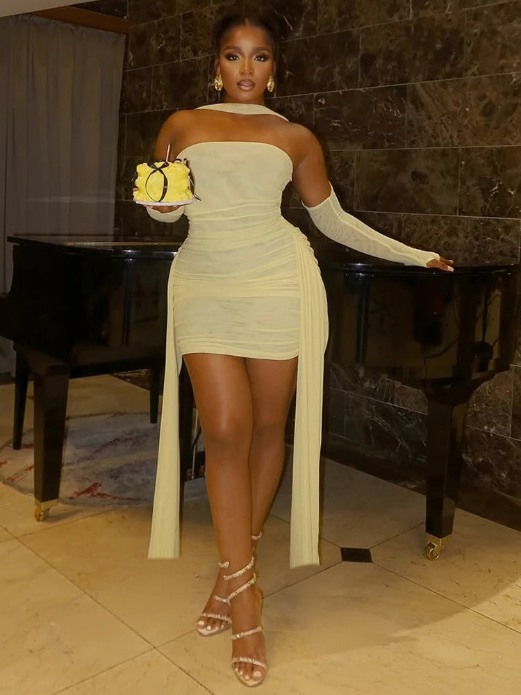 UK Size 6 Colors Summer Vacation Sexy See Through Dress + Shawl Women Ruched Side Ribbon Coquette Skinny Midnight Clubwear Party Bodycon