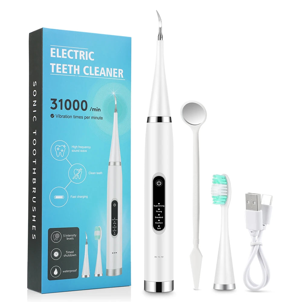NEW Set Ultrasonic Electric Teeth Cleaner + 10 Heads Household Dental Scaler Tooth Whitening and Cleaning Device IPX6 Waterproof Tartar Calculus Plaque Remove Fresh Breath Oral Hygiene Tools Set
