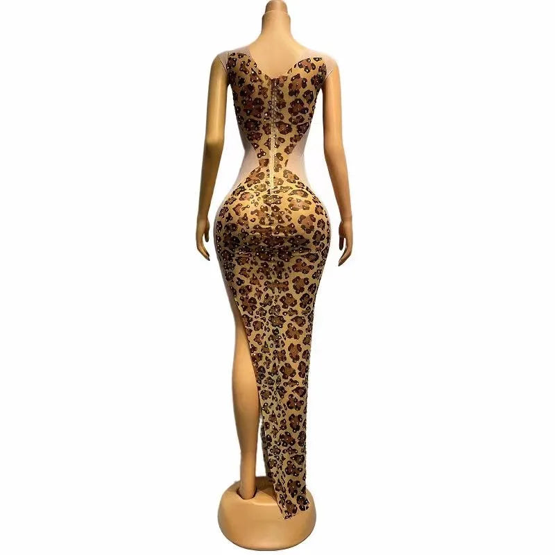 Sexy Luxury Stage Gold Rhinestones Leopard Transparent Sleeveless Dress Birthday Celebrate Outfit Prom Women Singer Photo Shoot Dress Fashion Clothing Products