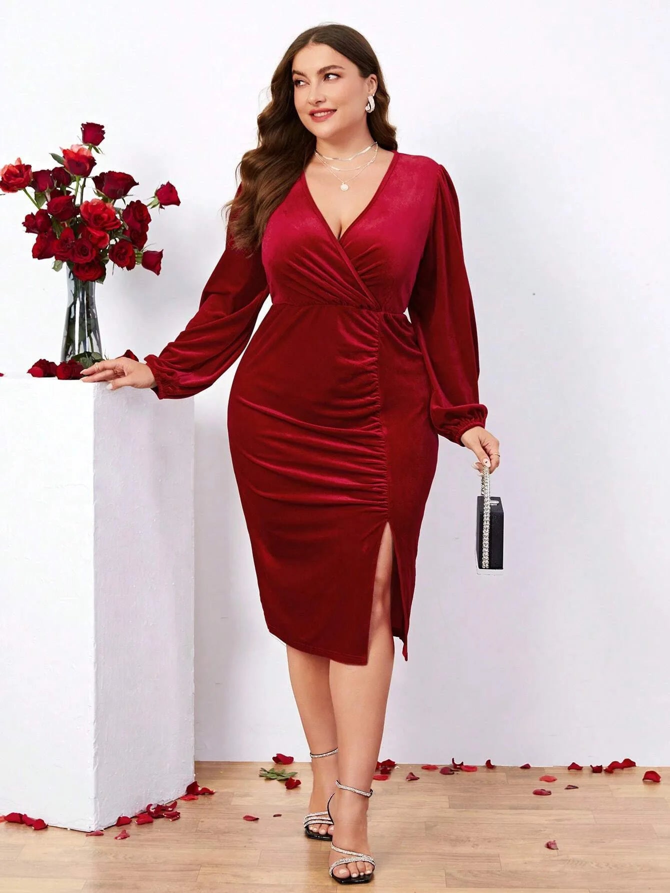 For Curvy Ladies XL-3XL Plus Size Women's Clothing European and American Winter New Sexy Slim Fit Bodycon Split Long Sleeve Velvet Dress