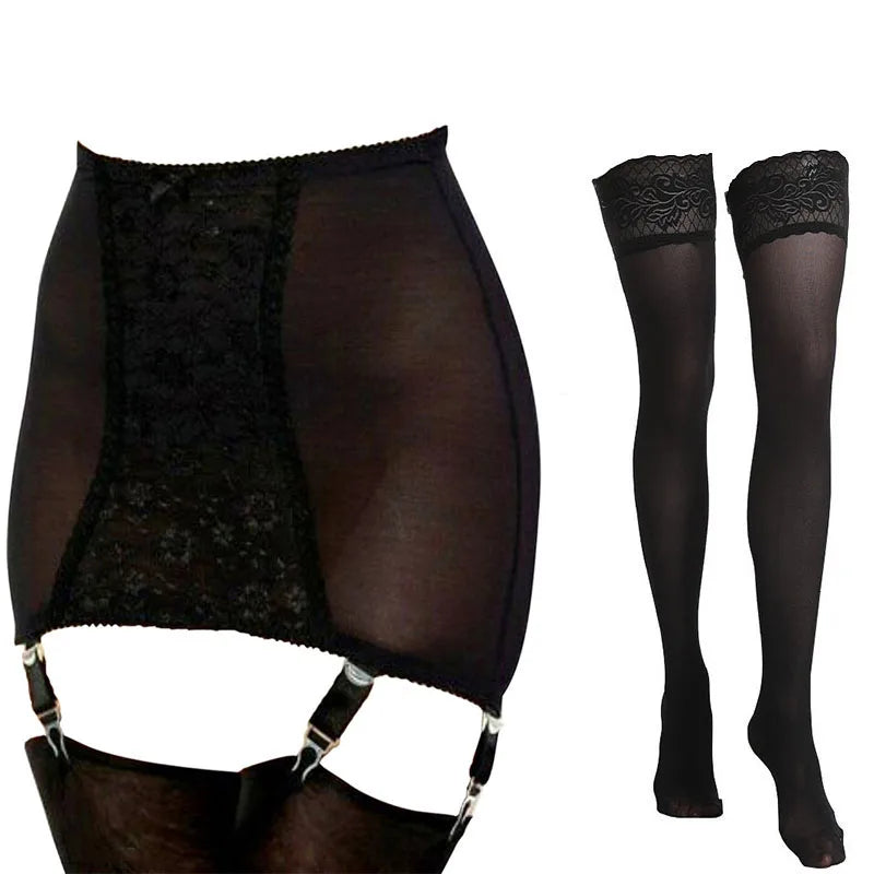 S-3XL Set  Sexy Women Vintage Lace Open Bottom Girdle Garters with 6 Straps Sexy Metal Clips Transparent Suspender Belt Female Underwear Supplies Thigh High Stockings Sets Female Ladies Luxury Lingerie Fashion Clothing