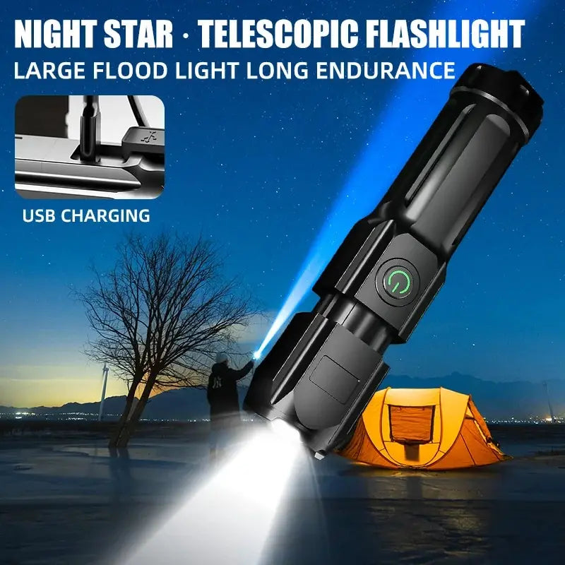 Outdoor Travel Hiking Camping Telescopic Zoom Tactical Flashlights Rechargeable LED Torch 4 Lighting Modes Long-Range Waterproof Camping Fishing Flashlight