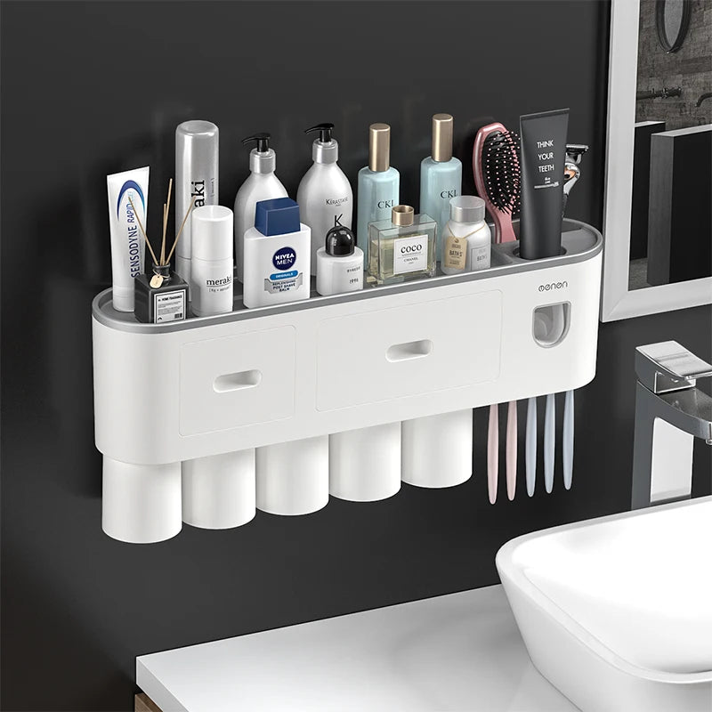NEW Arrivals Wall-Mounted Magnetic Toothbrush Holder Automatic Toothpaste Dispenser Strong Adsorption Magnetic 5 Cups Bathroom Accessories Sets