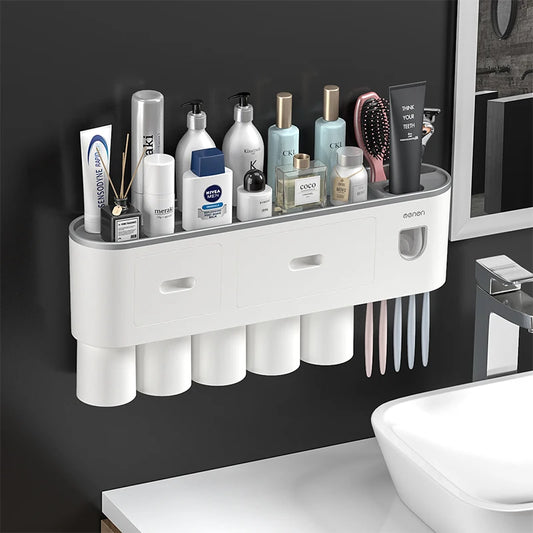 NEW Arrivals Wall-Mounted Magnetic Toothbrush Holder Automatic Toothpaste Dispenser Strong Adsorption Magnetic 5 Cups Bathroom Accessories Sets