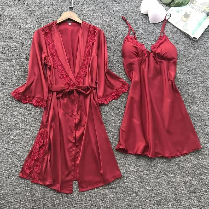 NEW 2PCS Set Female Lace Pajamas Set Satin Home Lace Robe Sleep Suit V-Neck Wedding Nightwear Silk Dress Women Sleepwear