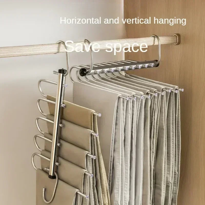 NEW Design 9 Bars Layers Folding Magic Pants Hangers Stainless Steel Space Saving Clothes Rack Organizer For Wardrobe Trousers Jeans Clothes Storage Organizer Closet Accessories