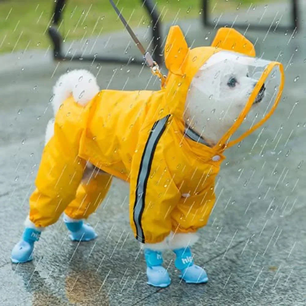 Cute Bear Shape Dog Raincoat Puppy Rain Jacket Full Body Coverage with Hat Reflective Double Layered Waterproof Dog Hooded Cloak