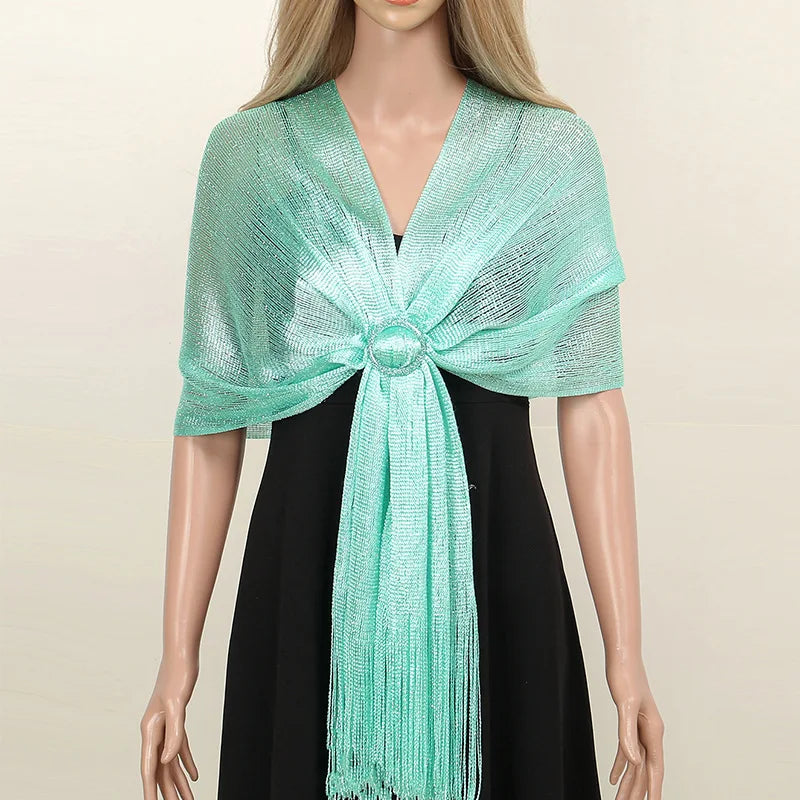 Sparkling Metallic Scarf with Buckle Female Evening Party Shawl Elegant Gold Silver Shiny Shawls for Bridal Wedding Wraps
