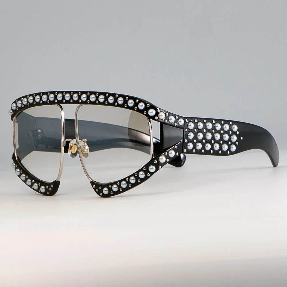 Luxury Space 45448 Goggles Sunglasses Women Luxury Shades Pearl Glasses Frame Red Mirror Glasses Oversized UV400 Brand Glasses Female Eyewear Supplies Sunglasses Products