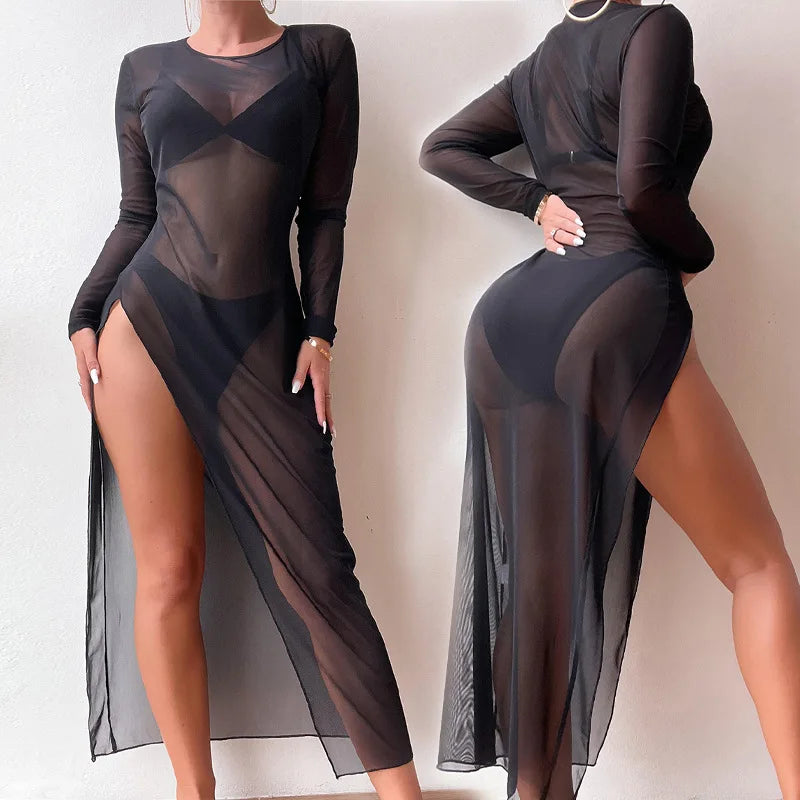 NEW Arrivals Beach Cover Ups For Women Sexy Round Neck Vacation Outfits Mesh Dress Black Perspective Long Sleeve Bodycon Dress Ladies Swimsuit Cover Ups