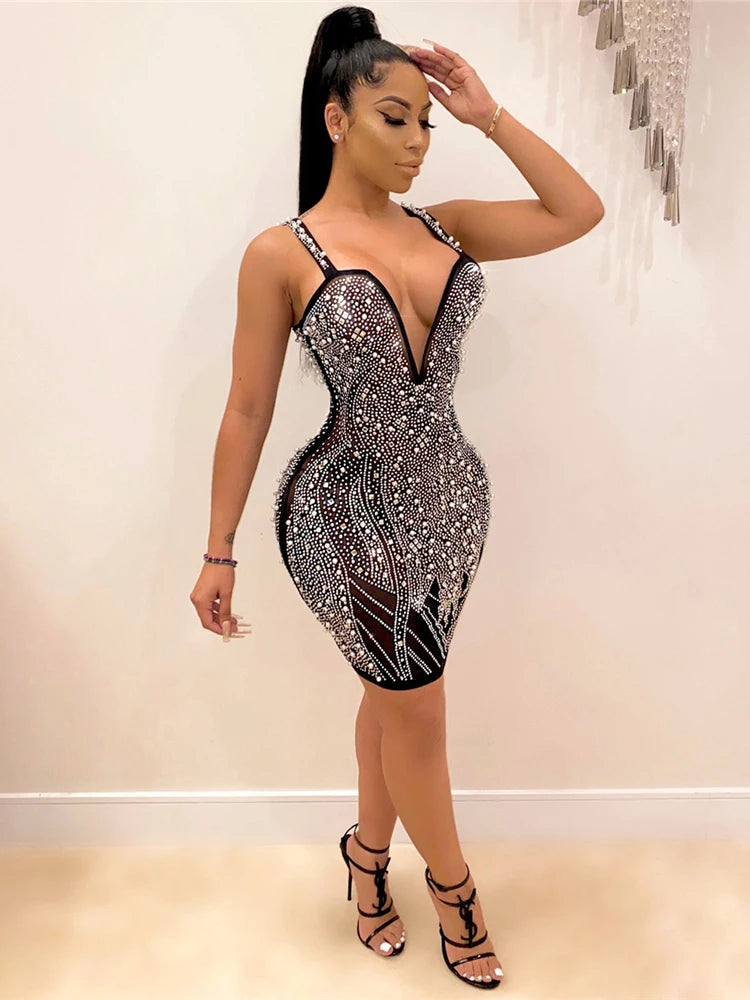 Black/Blue Color  Sexy Pearl Beading Rhinestones Diamonds  Dress Women Luxury Nightclub Party Birthday Appliques Rhinestones Summer Dress Women Luxury Fashion Apparel Supplies