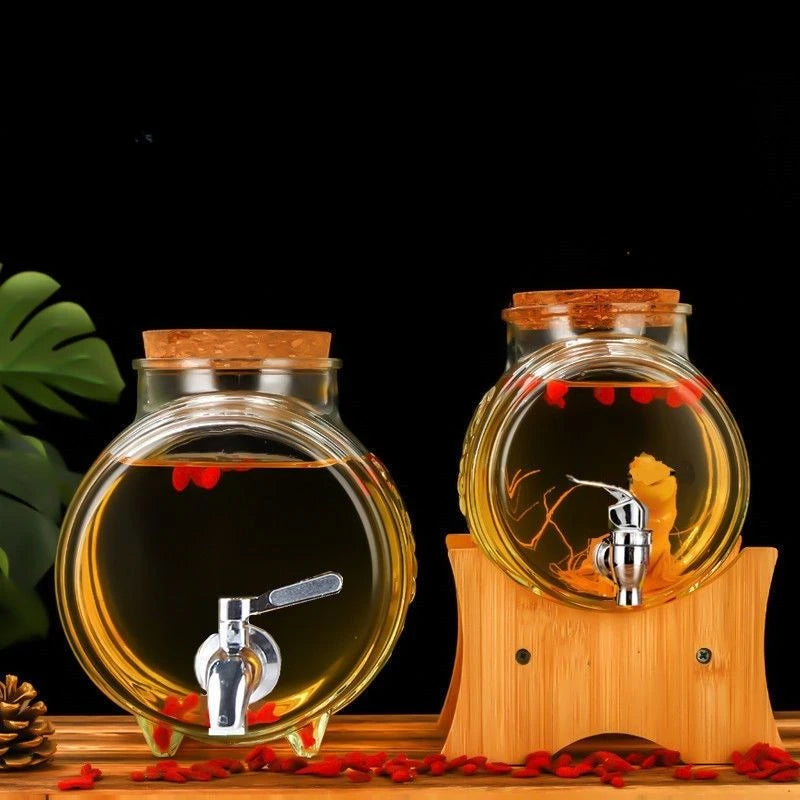 5000ML-3000ML Full Set Large Capacity Special Barrel Glass Wine Bottle with Faucet Wooden  Base, Fruit Wine, Ginseng Wine Barrel, Medicinal Wine Jar Home Bar Pubs Restaurants Barware Accessories